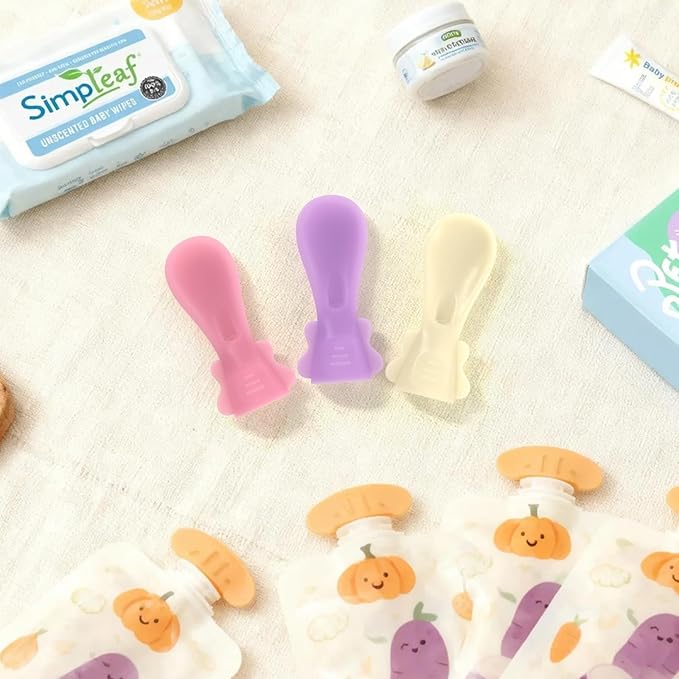Baby Food Pouch Spoon Attachment (5-Pack, Blossom) ??Designed for Small Mouths & Stage 1 Weaning ??Ultra-Soft Silicone Feeder for Sensitive Gums ??Universal Fit Pouch Topper with Travel Cases