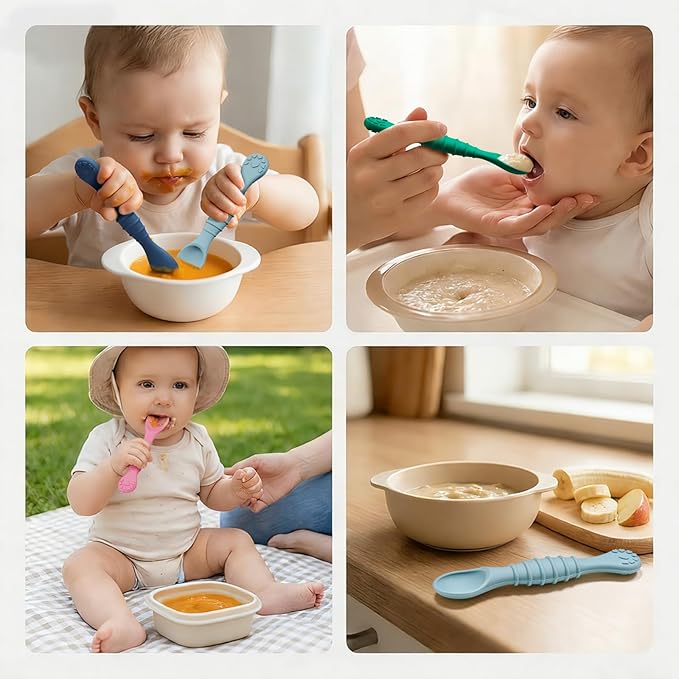 5 Pack Baby Spoons First Stage Feeding - Soft Silicone Self Feeding Training Utensils for Infant & Toddler - BPA Free BLW Weaning Supplies with Choke Guard - Dishwasher Safe Gentle on Gums