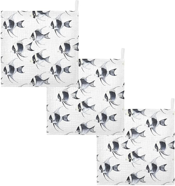 vvfelixl Black and White Angelfish Baby Burp Cloths Baby Muslin Washcloths for Boys Girls Cotton Babys Face Towel for Newborn Infants Soft and Absorbent 11.8 X 11.8 in, 5 Pack