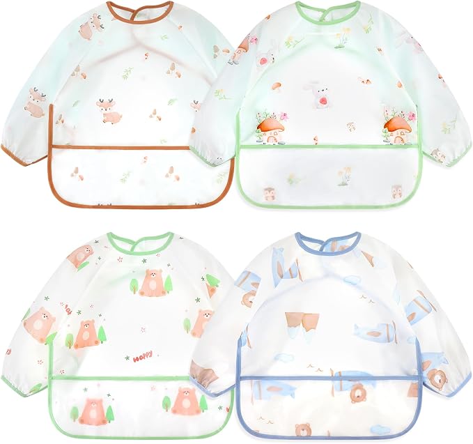 Accmor 4 Pack Long Sleeve Bibs, Baby Smock Waterproof Sleeved Bib Smock for Baby Toddler 6-36 Months