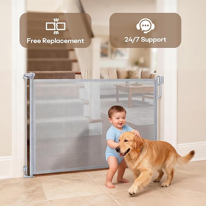 SPACEANY Retractable Safety Baby Gate or Mesh Dog Gate,Durable Portable Mesh Retractable Gate,Easy to Use for Stairs, Doorways, Hallways, Indoor, Outdoor, 33.5" Tall, Up to 45" Wide, Gray