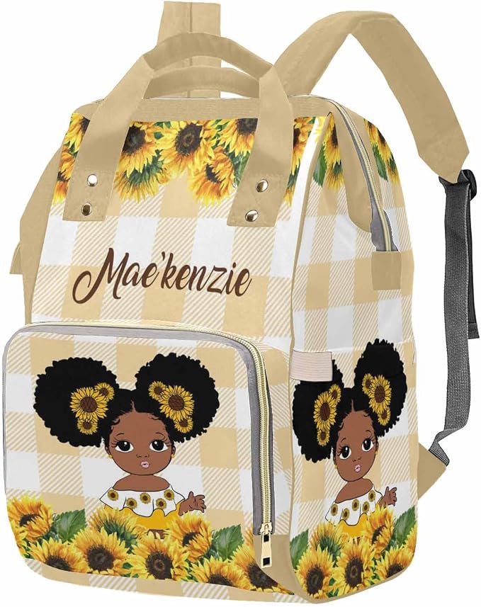Personalized Name Diaper Bag for Women, Customized Sunflowers Casual Nursing Mommy Daypack, Yellow Checks Nursing Backpack with Large Capacity