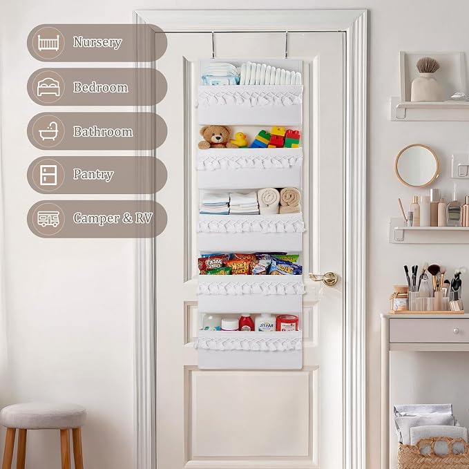 Over The Door Storage Organizer Decor,5 Pockets Hanging Nursery Door Organizer with Tassels Boho Decor,Behind Door Storage for Toys,Bedroom,Bathroom,White