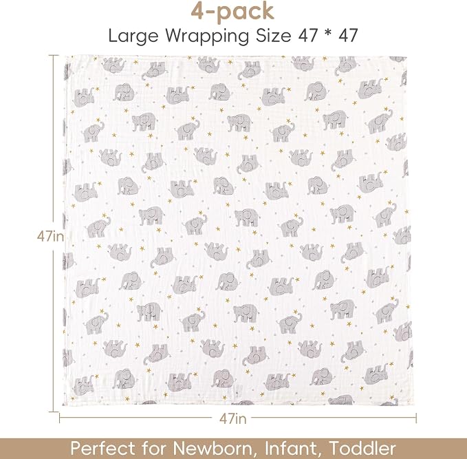 david's kids Muslin Swaddle Blankets, 4 Pack Organic Cotton Baby Blankets, Breathable Soft Receiving Blanket for Boys Girls, Newborn Essentials, Large 47 x 47 inches, Elephant