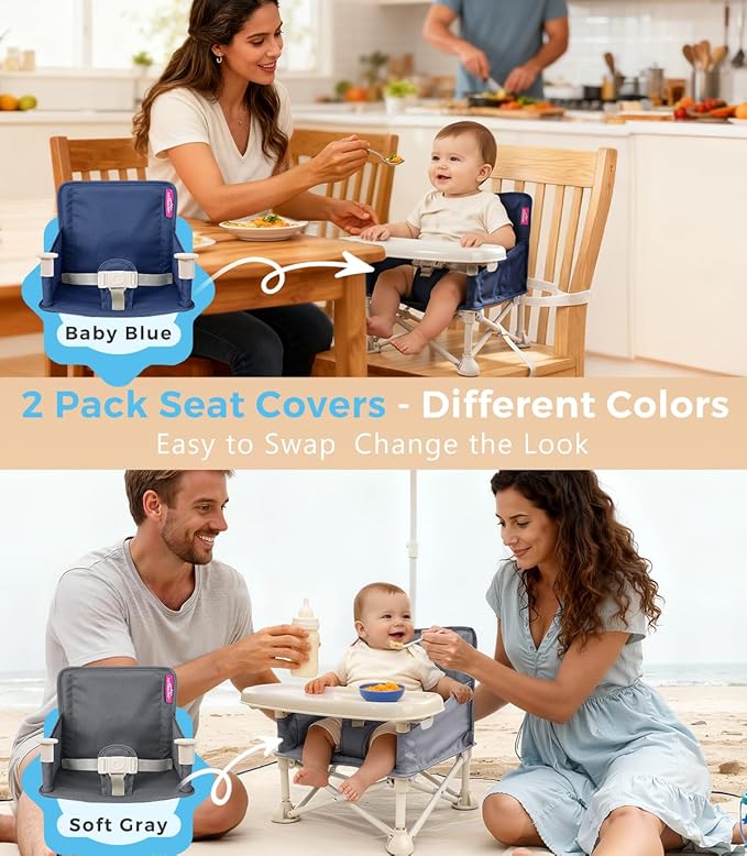 Portable Baby Chair, Baby Beach Chair with 2-Pack Interchangeable Seat Covers, Portable Booster Seat with Tray & Travel Bag, Compact Foldable, Easy-Swap Colors, Perfect for Travel