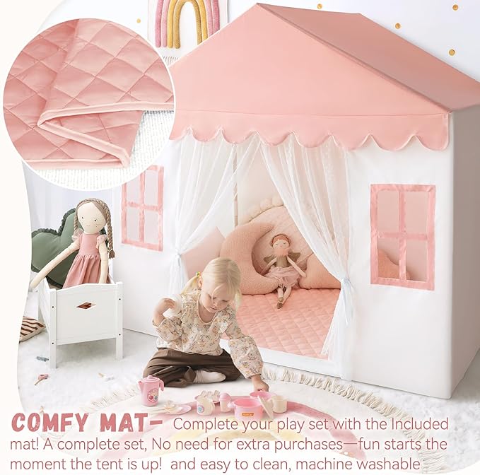 Kids Play Tent with Mat, Princess Castle Playhouse Play Tent for Kids Indoor, Girls Play Tent Play House for Birthday Toy House Gift (Pink)