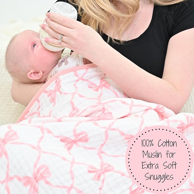 LollyBanks Muslin Baby Blanket, 100% Cotton 6 Layers Cozy Newborn Blanket for Girls, Large 47 x 47 Inches Baby Receiving Blankets, Durable Toddler Blanket, Baby Essentials, Registry (Pink Bow Print)