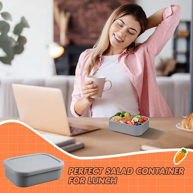Layhit 1 Pcs Silicone Bento Box for Adults, 27 oz Bento Lunch Container Reusable Food Container for Women Men, Leak Proof Microwave Dishwasher Freezer Safe (3 Compartments,Dark Gray)