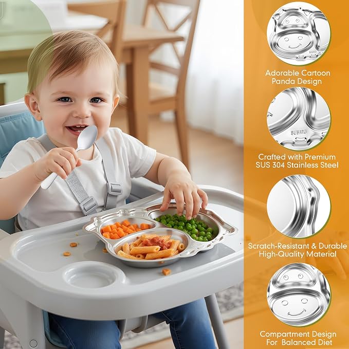 Jinei 10 Pieces Kids Stainless Steel Utensils Set Include 2 Cow Shaped Plates, 2 Bowls, 2 Cups, 2 Spoons, and 2 Forks, Stainless Steel Dinnerware Set for Toddler Utensils Silverware