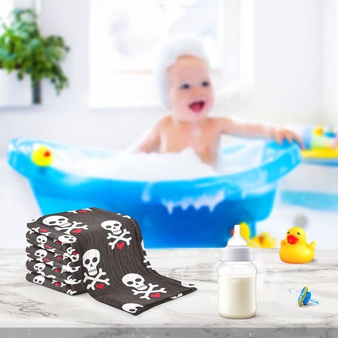 Baby Washcloths Cotton Skull Red Heart Baby Muslin Washcloths Soft Baby Face Towel for Newborn Infants Baby Wipes, 11.8 X 11.8 Inch, 3 Pack