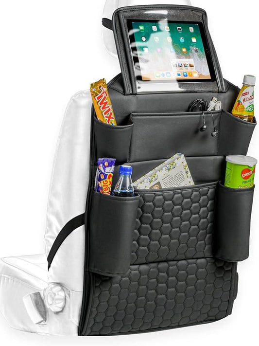 Owleys Back of Seat Organizer for Kids with Transparent Tablet Pocket & 8 Compartments | 27.5"x18.5" | Black Travel Accessory for SUV, Truck, Sedan, Van, Jeep