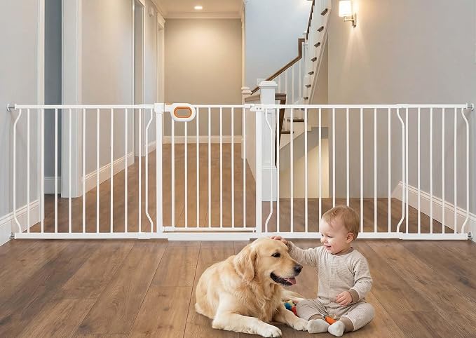Baby Gates Extra Wide for Doorways 90.6-95.2 Inch Extra Wide Pressure Mounted Baby Dog Gate for the House Indoor Large Openning Metal Safety Gate No Drilling with Walk-Through Door,White