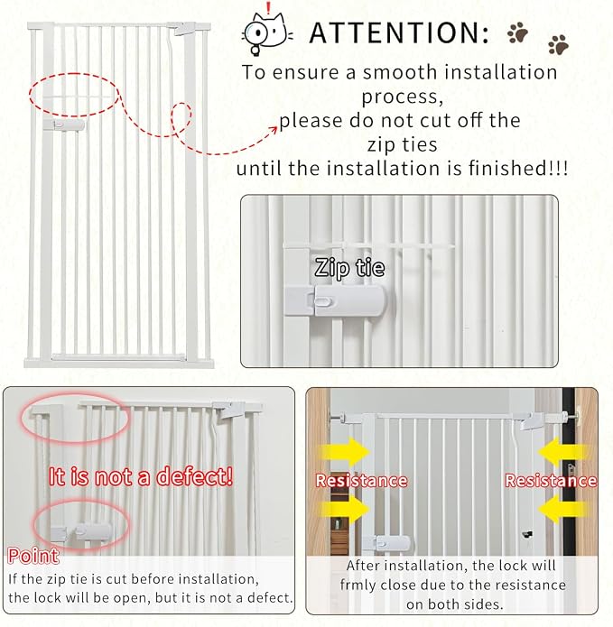 Lumizone Extra Tall Cat Gate 61.02" High Pressure Mounted 29.92"-59.44" Extra Wide 1.37" Gap No Drilling Auto-Close One-Handed Operation Tall Pet Gate for Dogs(White, 61.02" H x 29.92"-59.44" W)