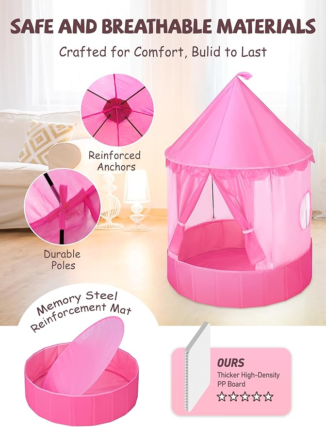 Hikiddy 3-in-1 Ball Pit & Play Tent for Toddlers: Large 40" Pink Kids Ball Pit and Princess Tent - Princess Castle Playhouse Tent for Girls Kids Babies - Foldable Portable Toys for Indoor & Outdoor