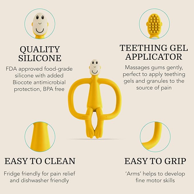 Matchstick Monkey Original Teether & Gel Applicator ??Silicone Baby Teether, Easy-to-Grip, BPA-Free, Supports Self-Soothing & Early Brushing, 3 Months+, 4 Inches, Yellow