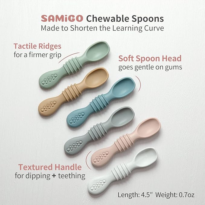 SAMiGO Silicone Baby Utensils - Self Feeding Spoons and Tiny Training Cup - First Stage Baby Led Weaning Supplies for 6 Months+ Infants - Set of 4