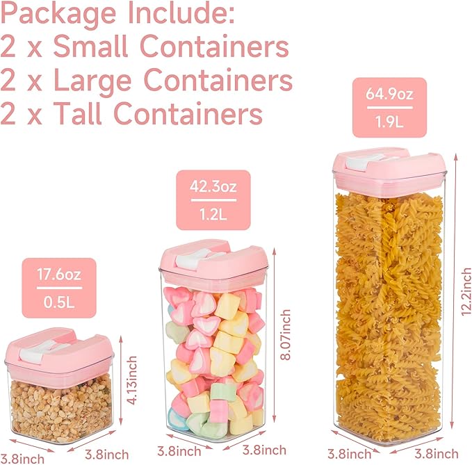 U-QE Airtight Food Storage Containers -6 Piece BPA Free Clear Plastic Airtight Containers with Easy Lock Lids for Kitchen Pantry Organization and Storage - Sugar, Flour, Cereal, Labels & Marker