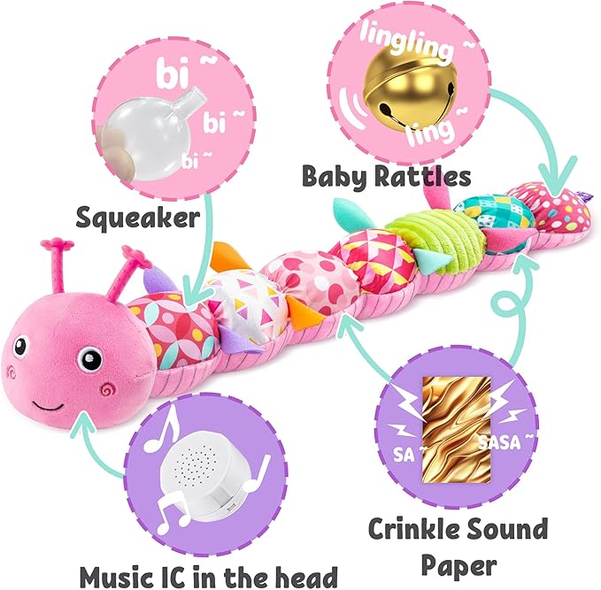 LIGHTDESIRE Baby Toys Musical Caterpillar,Infant Stuffed Animal Toy with Crinkle and Rattles,Soft Sensory Toys with Textures for Tummy Time Newborn Boys Girls 0 3 6 12 Months(Pink)