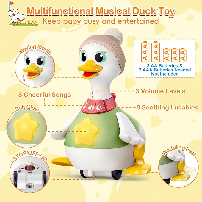 Musical Crawling Duck Baby Toys for 6-12 Months : Interactive Sensory Toy with Waddling & Calming Light for Tummy Time, Bedtime & Motor Skills | BPA-Free Infant Gift for 1 Year Old Boy Girl