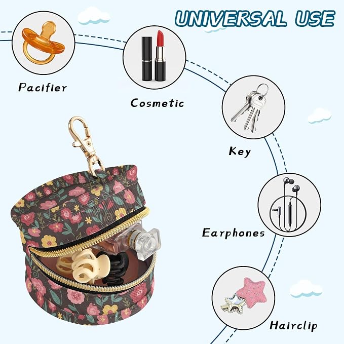 Colorful Flowers Leaves Brown Print Pacifier Holder Case for Diaper Bag Portable Travel Pacifier Storage Case with Clip Newborn Baby Pouch for Baby Boys Girls Outdoor Purse