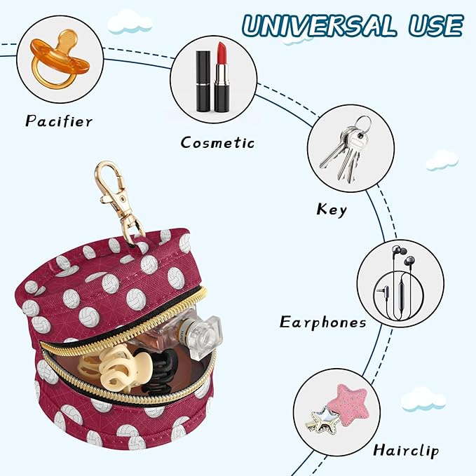 Volleyballs Red Print Pacifier Holder Case for Diaper Bag Portable Travel Pacifier Storage Case with Clip Pacifier Storage Container for Outdoor Purse Baby Girls Boys
