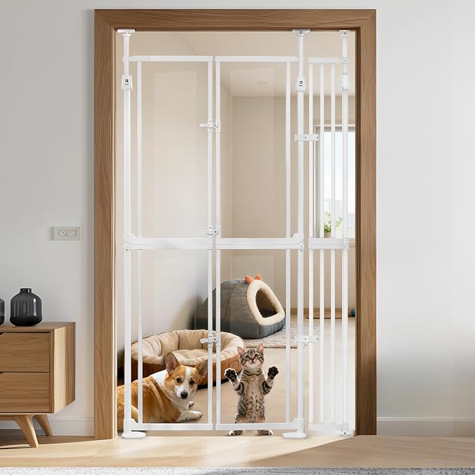 NiceTCU 74.80-98.43'' Extra Tall Cat Gate, Adjustable 33.86-45.34" Wide, Transparent Full Door Pet Gate, Auto Close No Drilling Cat Proof Safety Gate for Doorway Stairs- White