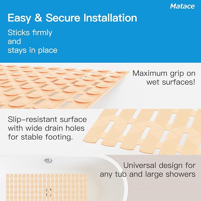 Bathtub Mat Non Slip - for Inside Bath Tub & Shower, Large 40x16 Inch, 261 Strong Suction Cups, Soft Textured Surface, Fast Drain & Quick Dry, Bathroom Safety Mat, Beige, Matace