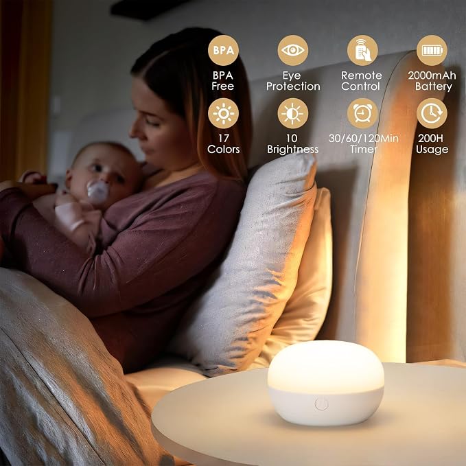 Rechargeable LED Night Light for Kids - Dimmable Bedside Lamp with Remote Control, Portable Baby Night Light with 17 Colors Changing & Timer Setting for Baby Nursery Toddler Room Breastfeeding