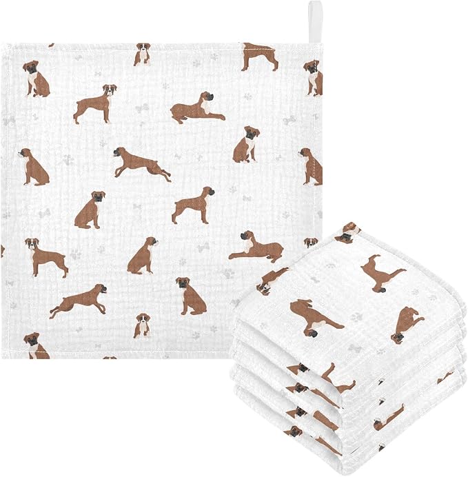vvfelixl Baby Cotton Washcloths Boxer Dog Infants Bath Towel for Unisex Puppy Face Towels for Newborn, Natural Baby Wipes Delicate Skin, 11.8 X 11.8 inch, one sizex5