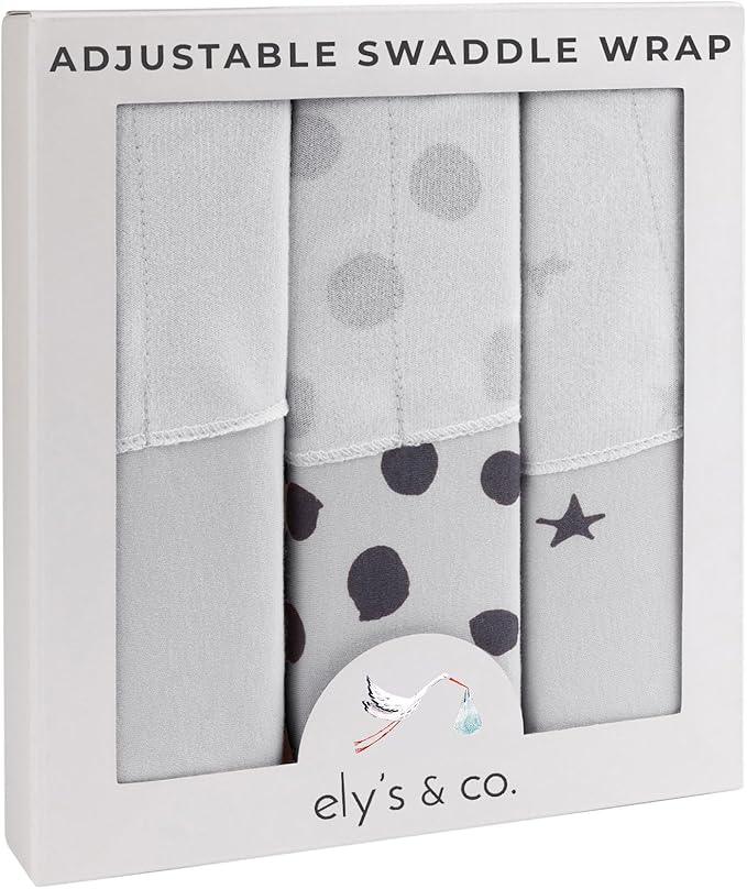 Ely's & Co. Adjustable Swaddle Blanket Infant Baby Wrap Set 3 Pack Grey and Black 0-3 Months