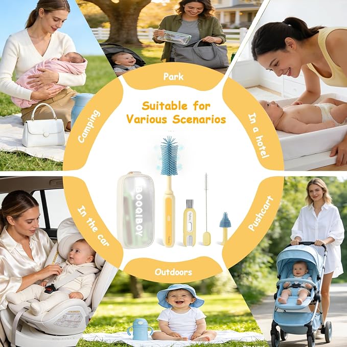 Electric Baby Bottle Brush Cleaner, 5-in-1 Travel Kit with Storage Bag, Food-Grade Silicone, Long Battery Life, Portable Baby Bottle Cleaner Brush Set, Ideal Gift for Parents & Babies (Yellow)