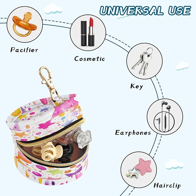 Pacifier Holder with Clip Pacifier Case for Diaper Bag Round Baby Pacifier Pouch Box Bag Portable Watercolor Stars and Dots