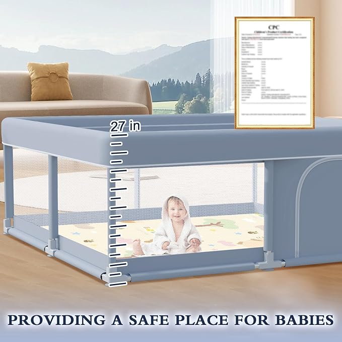 XVISHX 50 x 50 Inch Baby Playpen with Mat, Playpen for Babies and Toddlers, Baby Playard for Indoor & Outdoor Active Center Game Fence, with Skin-Friendly Fabric and Soft Breathable Mesh, Grey