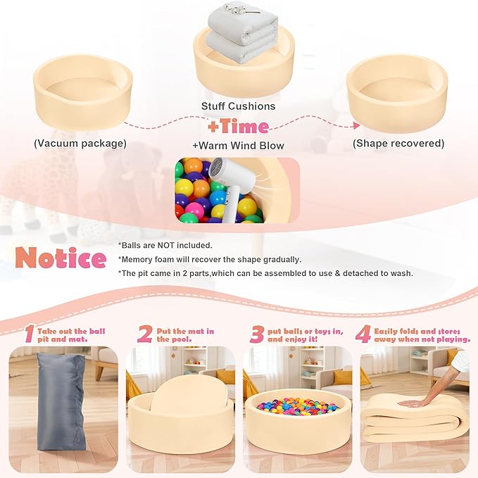 Foam Baby Ball Pit 35.4"x 11.8" for Toddlers, Soft Round Kiddie Playpen Ball Pool for Kids with Soft Memory Sponge for Babies Indoor Game(Balls not Included) Mocha 35.4IN