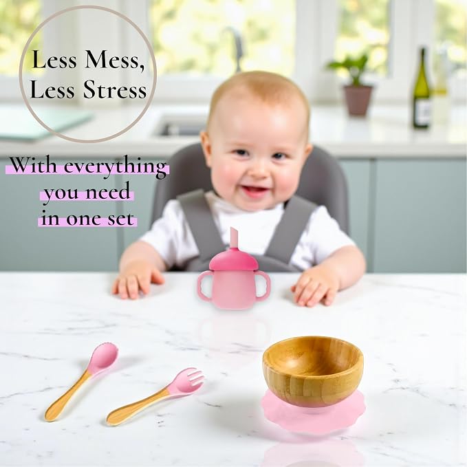 Bamboo Suction Plate and Bowl Set for Babies 7 Feeding Essentials Baby Led Weaning Supplies BPA Free Eco-Friendly (Green)
