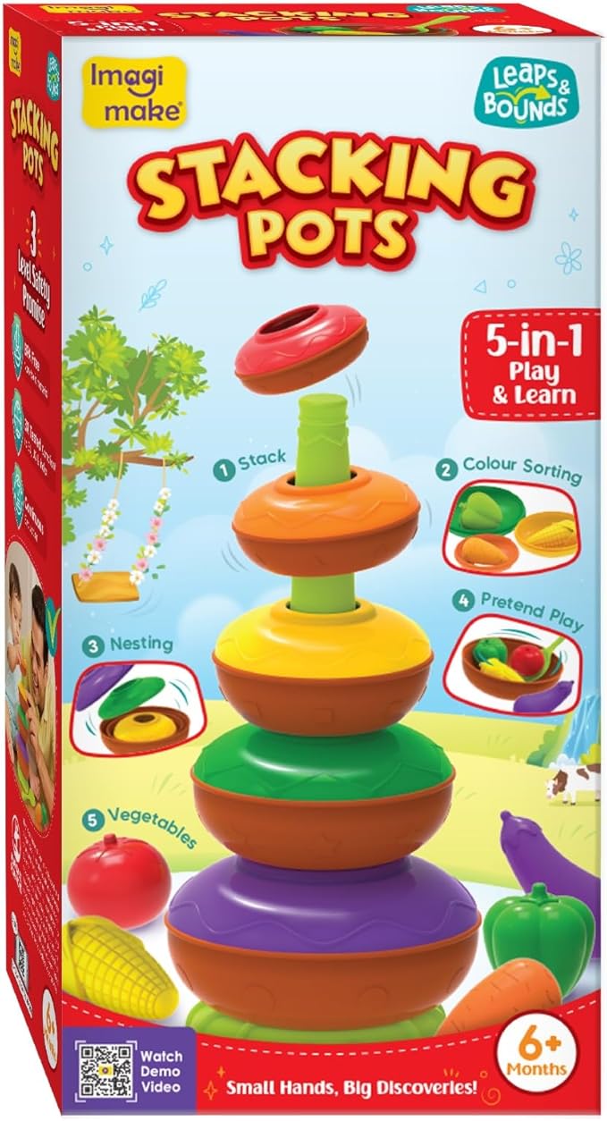 Imagimake Stacking Pots Toys | Leaps & Bounds 6+ Month Old Baby Toy | Learning Toy for Infant & Toddler | 5-in-1 Play & Learn | Stacking, Nesting, Pretend Play | First Birthday Gifts for Girls & Boys