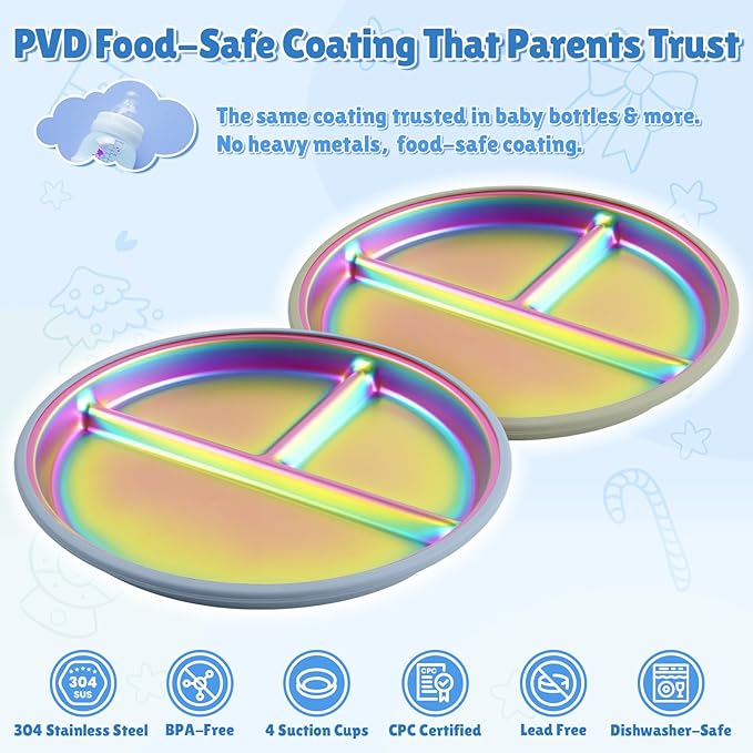 Goldusk Stainless Steel Baby Plates with Suction, 2pcs 9" Rainbow Kids Plates BPA-Free with Removable Food-Grade Silicone Base Baby Dishes Toddler Plates with Dividers, Blue & Green