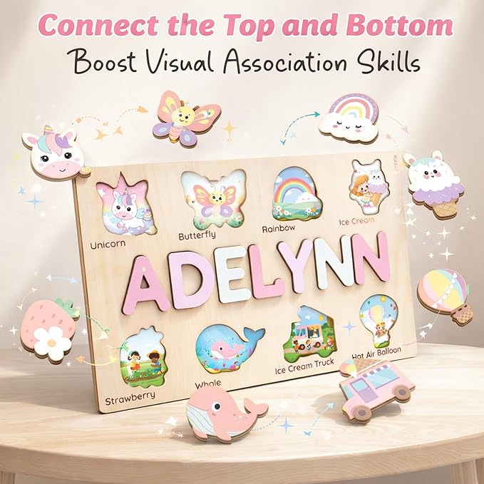 Personalized Name Puzzle for Toddlers 1-3 | Custom Wooden Baby Girl Gift with 48 Animal Art Sets | 1st Birthday Gift for Girls | Personalized Baby Boy & Girl Gifts Keepsake