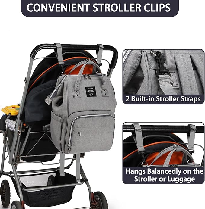 Diaper Bag Backpack for Mom Dad, Maternity Changing Bag Diaper Backpack with Stroller Straps(USB-grey)