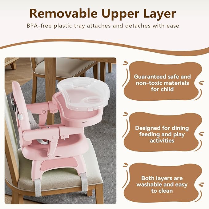 Booster Seat for Kitchen Chair, 3-in-1 Foldable & Portable Booster Seat with Tray, Extra Dishwasher-Safe Tray, Safety Straps for 6??8M (Up to 30 lbs), for Dining Table, Travel & Camping, Pink