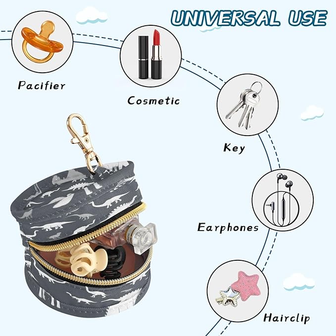 Pacifier Holder with Clip Pacifier Case for Diaper Bag Round Baby Pacifier Pouch Box Bag Portable Dark Grey Dinosaurs