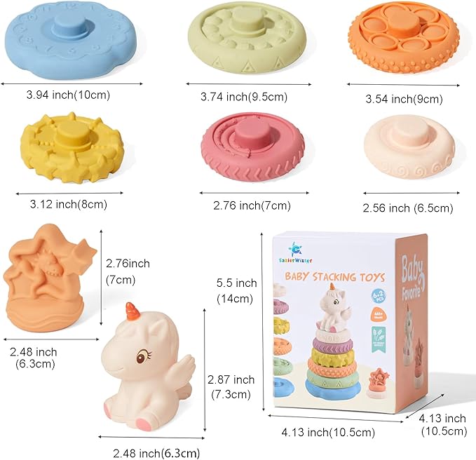 8 Piece Stacking & Nesting Baby Toys, No Hole Stacks of Circles Soft Teething Toy and Building Circle with Pink Horse Figure, Newborn Essentials for 6 12 18 Months Boys Girls