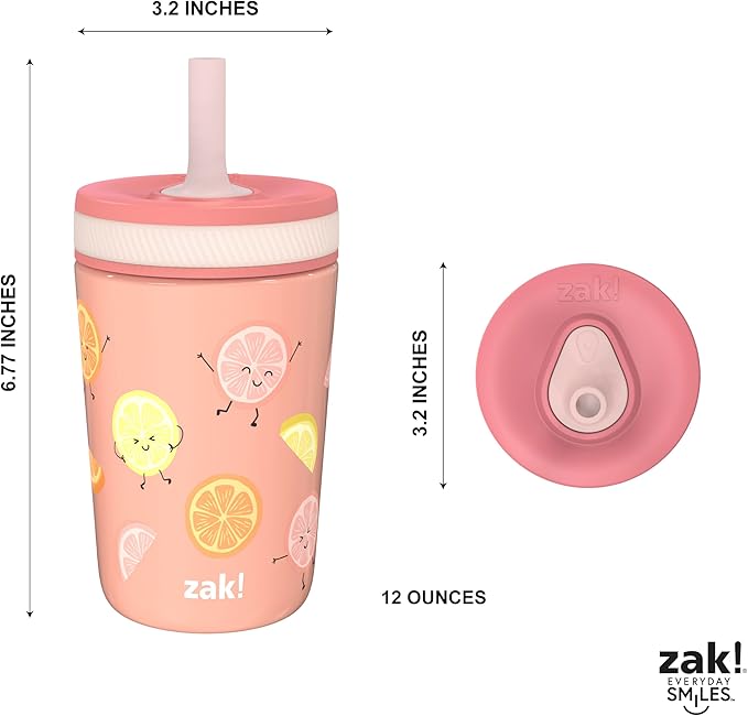 Zak Designs Kelso Tumbler Toddler Cup For Travel or At Home, 12oz Vacuum Insulated Stainless Steel Sippy Cup With Leak-Proof Design is Perfect For Kids (Happy Fruit)