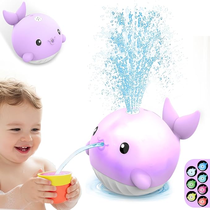 Baby Bath Toys, Rechargeable Bath Toys for Kids Ages 1-3 & 6-12 Months with 3 Hours Non-Stop Fun, Dual Sprinkler, 3 Modes Light Up, Toddler Birthday/Christmas Water Table BathTubs Pool Toys,Purple