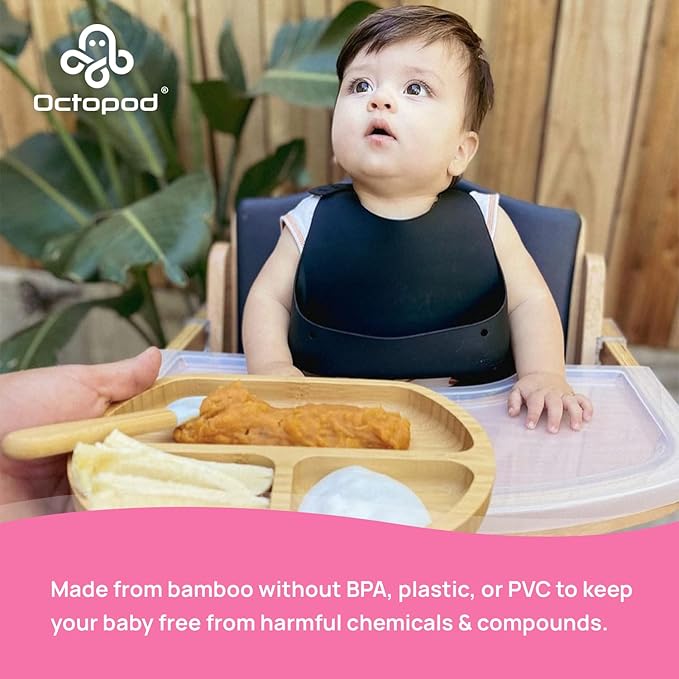 Abiie Octopod Bamboo Dish - Kids Plates for 4 months and up, 3-Compartment Baby Plates with Suction, Triangle Bamboo Baby Plate, Mess-Free Toddler Suction Plates, Baby Feeding Supplies, 8.3x1.9x7.7 in