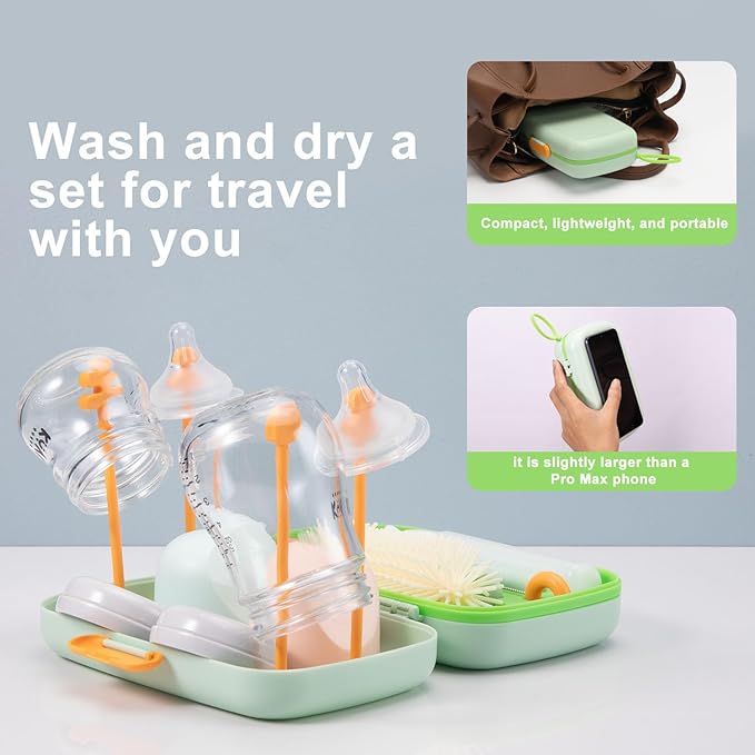 7in1 Travel Bottle Cleaner kit,Baby Essentials, with Bottle Brush?�Nipple Brush?�Straw Cleaner Brush?�Soap Dispenser?�Bottle Drying Rack?�Drainage Tray?�Storage Box,Baby Travel Essential (Green)