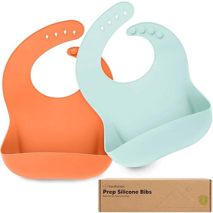 KeaBabies 2-Pack Silicone Bibs for Babies, Toddlers Girl, Boy ??Sturdy Food-Grade Baby Bibs for Eating, Large Food Catcher, Clean & Put On Easily, Waterproof Toddler Feeding Essentials (Amaze)