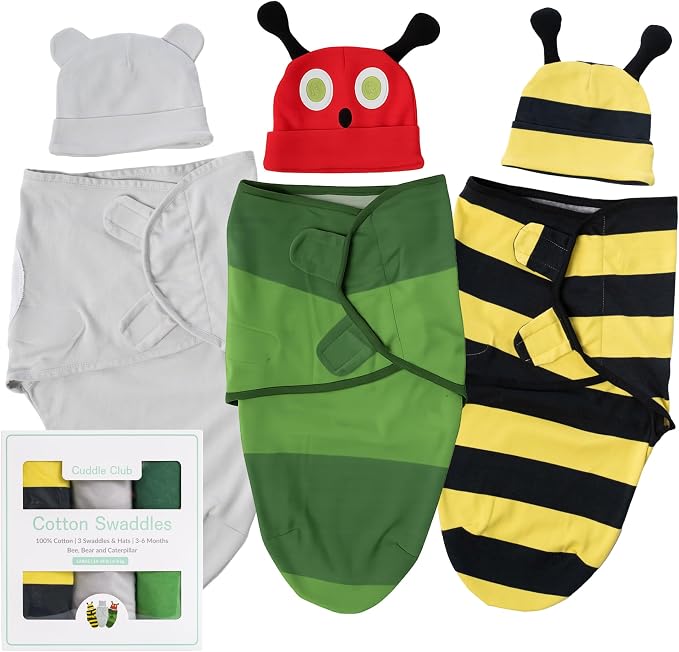 Cuddle Club Swaddles for Newborns - Baby Swaddle Blanket for Boys & Girls - Adjustable Hook-and-Loop Cotton Wrap for Newborn 0-3 & 3-6 Months with hat