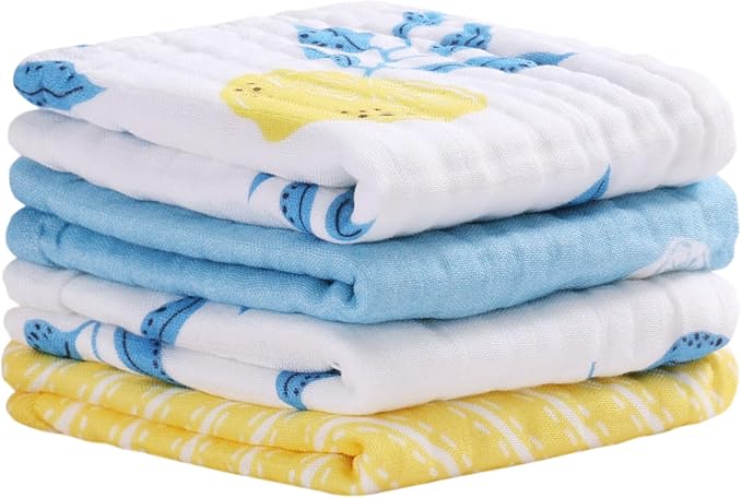 Viviland Baby Muslin Burp Cloths, Super Absorbent Washcloths for Baby Girl and Boy, 10 x 20 inches 6-Layer Baby Bath Towels, Lemon & Leaves 4 Pack