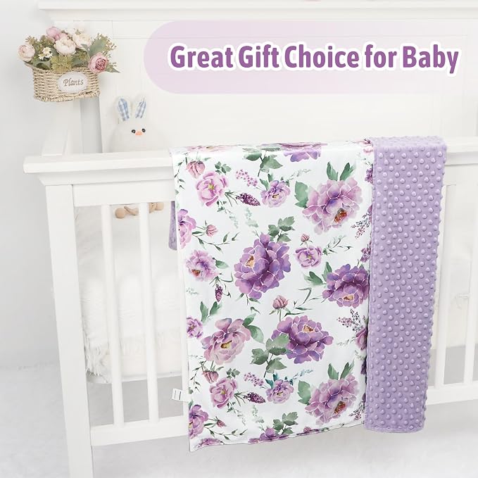 Baby Girl Blanket, Sotf Crib Swaddle Blanket, Dotted Backing, Reversible Bedding Soft Blanket for Newborn, Toddler Girls Boys Gift, 30 x 40 Inch, Purple Floral